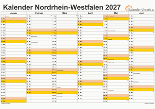 Nordrhein-Westfalen Kalender 2027 mit Feiertagen - quer-zweiseitig