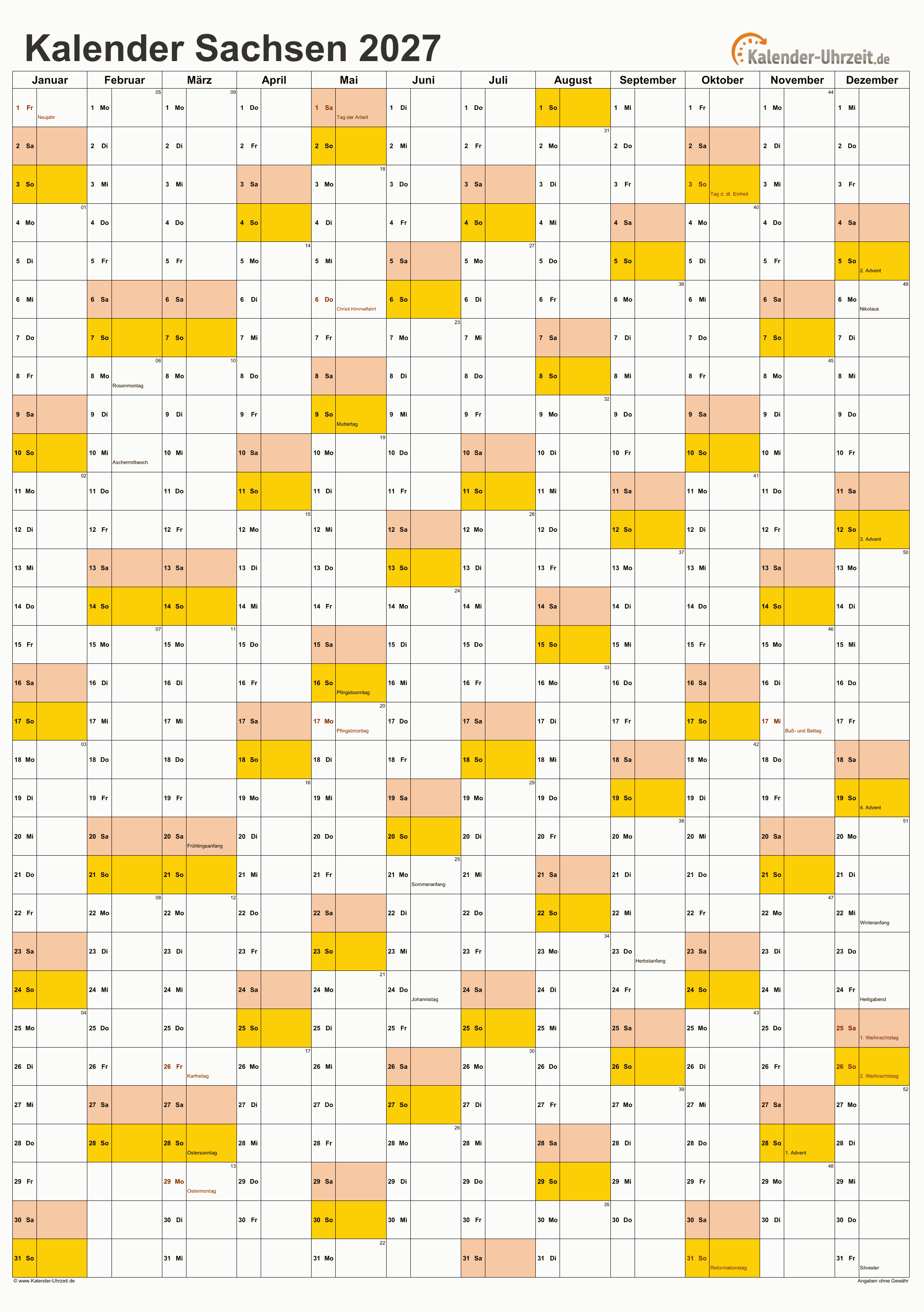 Sachsen Kalender 2027 - A4 hoch-einseitig Sachsen Kalender 2027 mit Feiertagen - hoch-einseitig