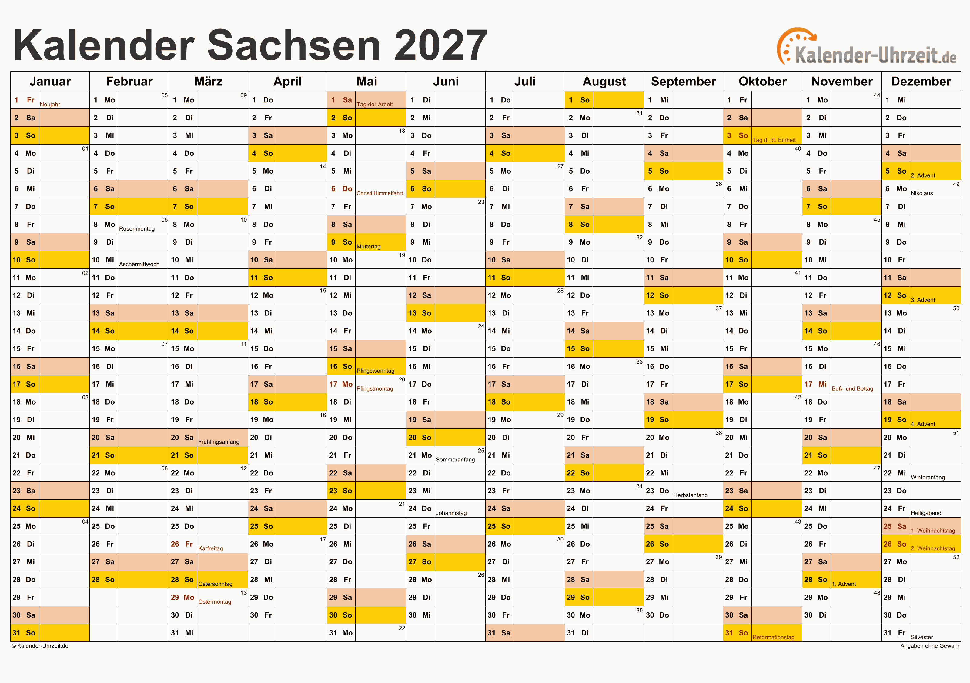 Sachsen Kalender 2027 - A4 quer-einseitig Sachsen Kalender 2027 mit Feiertagen - quer-einseitig