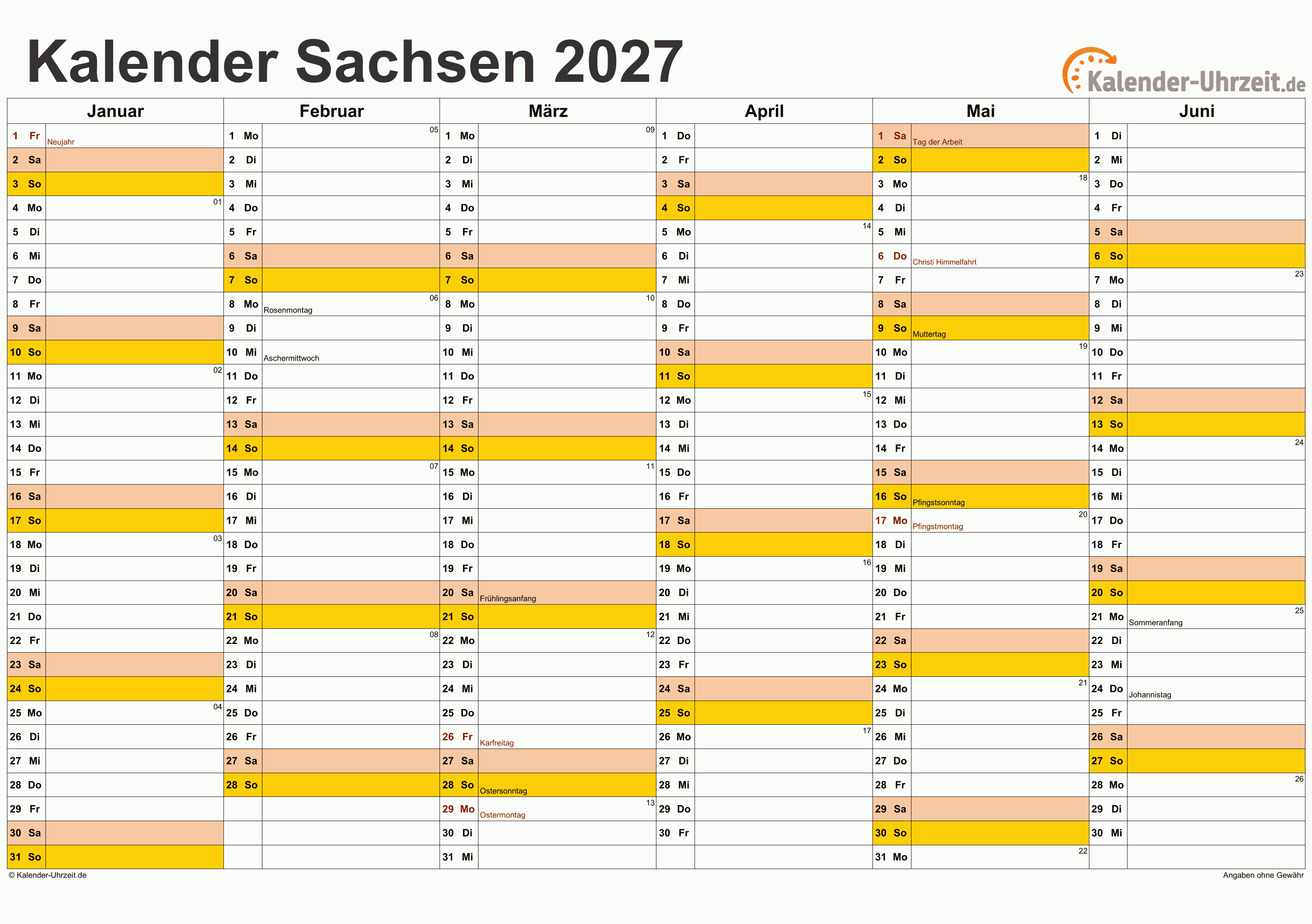 Sachsen Kalender 2027 - A4 quer-zweiseitig Sachsen Kalender 2027 mit Feiertagen - quer-zweiseitig