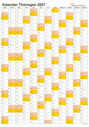 Thüringen Kalender 2027 mit Feiertagen - hoch-einseitig