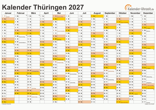 Thüringen Kalender 2027 mit Feiertagen - quer-einseitig