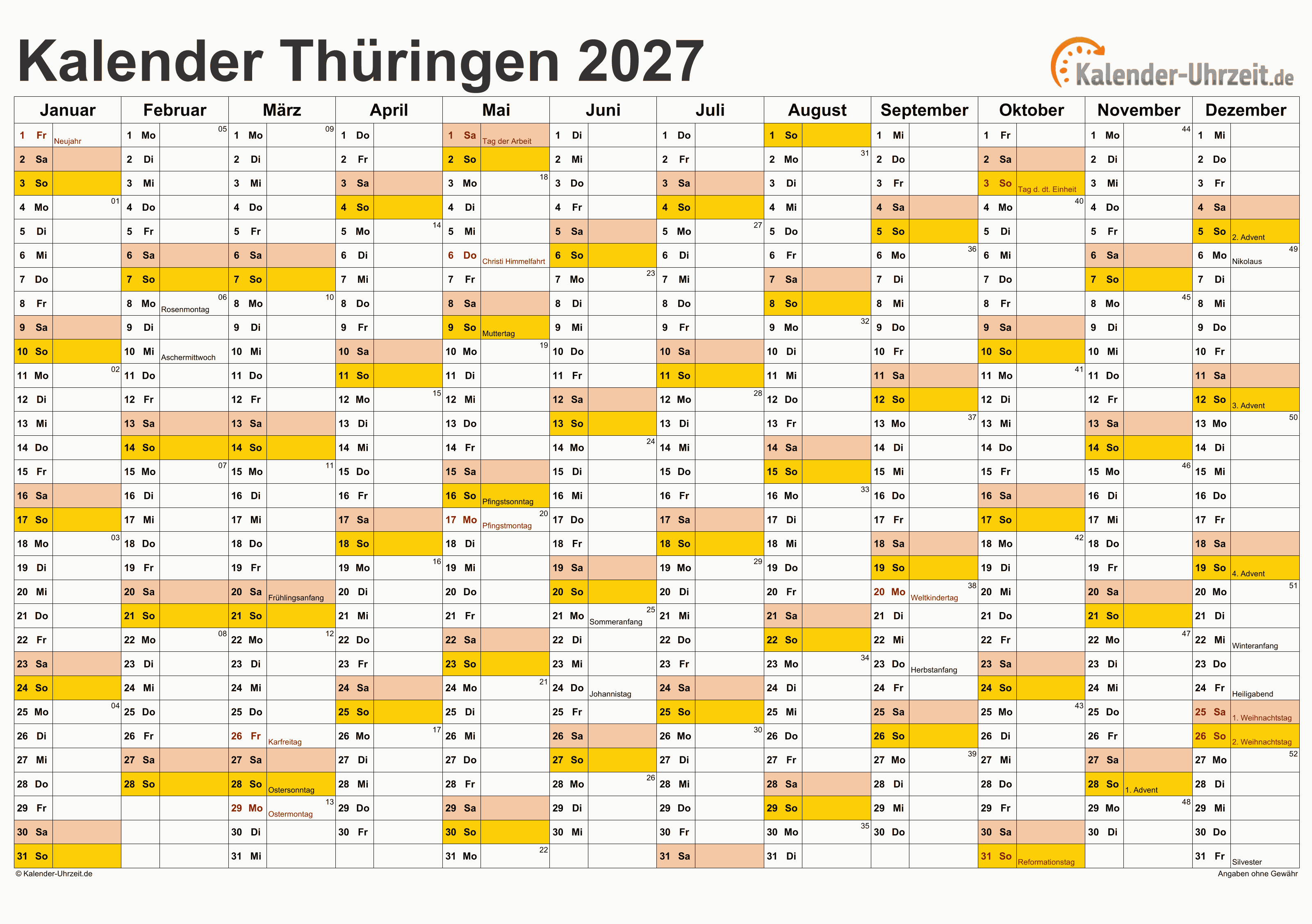 Thüringen Kalender 2027 - A4 quer-einseitig Thüringen Kalender 2027 mit Feiertagen - quer-einseitig