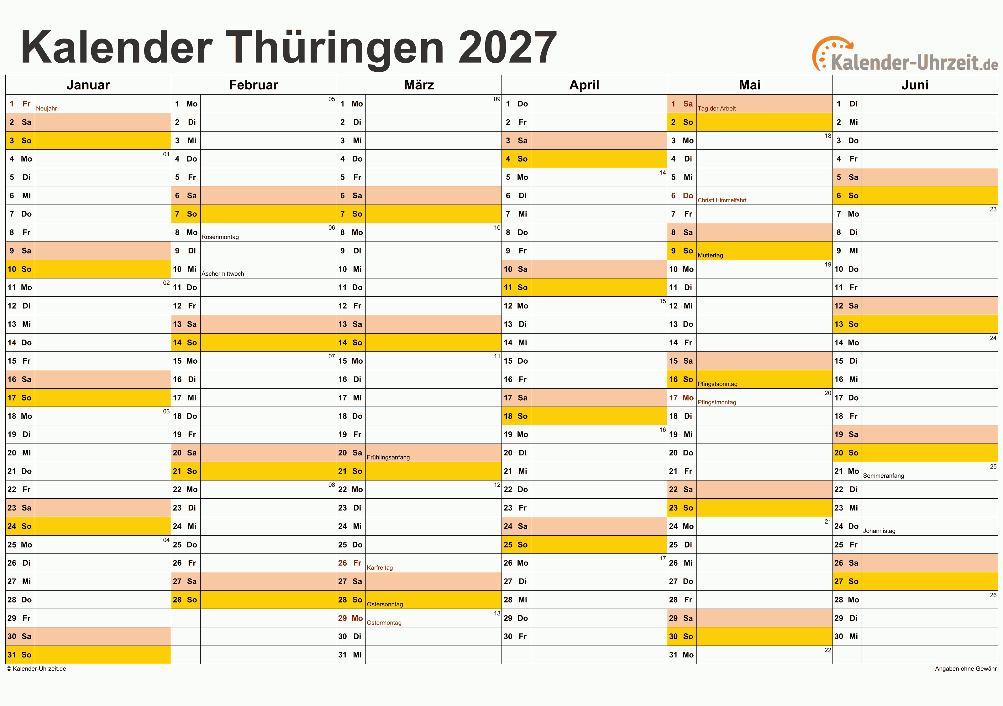 Thüringen Kalender 2027 - A4 quer-zweiseitig Thüringen Kalender 2027 mit Feiertagen - quer-zweiseitig