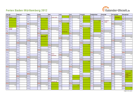 Ferienkalender 2012 für Baden-Württemberg - A4 quer-einseitig