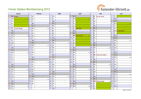 Ferienkalender 2012 für Baden-Württemberg - A4 quer-zweiseitig