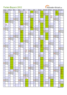Ferien 2012 Bayern im Kalender - A4 hoch-einseitig Ferienkalender 2012 für Bayern - A4 hoch-einseitig