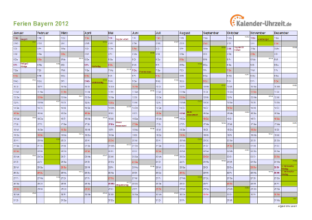 Ferienkalender 2012 für Bayern - A4 quer-einseitig