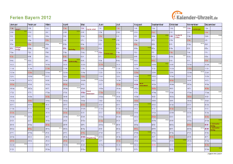 Ferien 2012 Bayern im Kalender - A4 quer-einseitig Ferienkalender 2012 für Bayern - A4 quer-einseitig