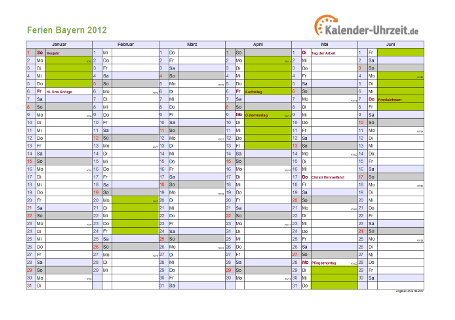 Ferienkalender 2012 für Bayern - A4 quer-zweiseitig