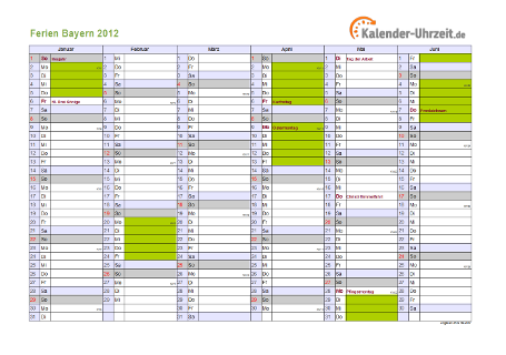 Ferien 2012 Bayern im Kalender - A4 quer-zweiseitig Ferienkalender 2012 für Bayern - A4 quer-zweiseitig