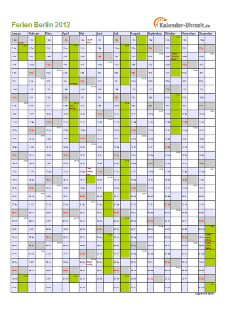 Ferienkalender 2012 für Berlin - A4 hoch-einseitig