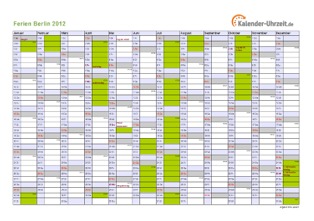 Ferienkalender 2012 für Berlin - A4 quer-einseitig