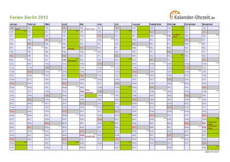 Ferien 2012 Berlin im Kalender - A4 quer-einseitig Ferienkalender 2012 für Berlin - A4 quer-einseitig