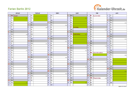 Ferienkalender 2012 für Berlin - A4 quer-zweiseitig