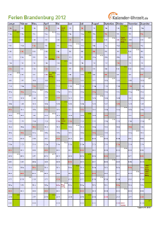 Ferienkalender 2012 für Brandenburg - A4 hoch-einseitig