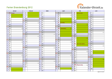 Ferienkalender 2012 für Brandenburg - A4 quer-zweiseitig