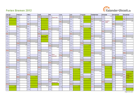 Ferienkalender 2012 für Bremen - A4 quer-einseitig