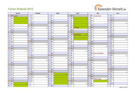 Ferienkalender 2012 für Bremen - A4 quer-zweiseitig