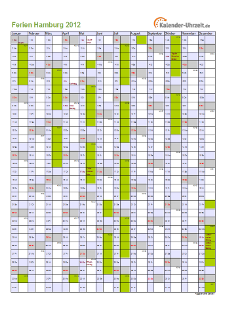 Ferienkalender 2012 für Hamburg - A4 hoch-einseitig