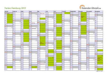 Ferienkalender 2012 für Hamburg - A4 quer-einseitig