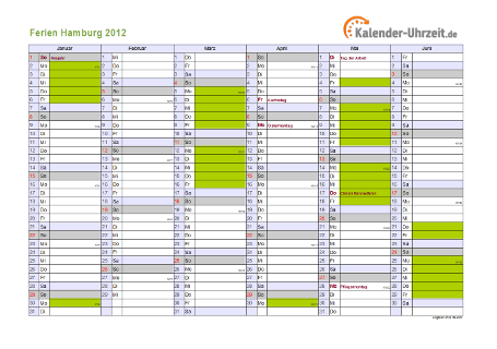 Ferienkalender 2012 für Hamburg - A4 quer-zweiseitig