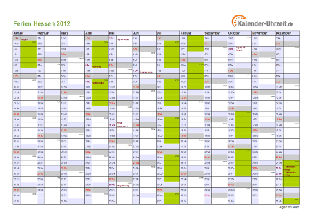 Ferienkalender 2012 für Hessen - A4 quer-einseitig