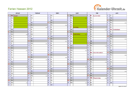 Ferienkalender 2012 für Hessen - A4 quer-zweiseitig