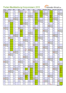 Ferienkalender 2012 für Meck.-Pomm. - A4 hoch-einseitig