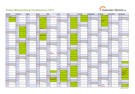 Ferienkalender 2012 für Meck.-Pomm. - A4 quer-einseitig