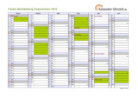 Ferienkalender 2012 für Meck.-Pomm. - A4 quer-zweiseitig