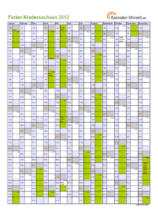 Ferien 2012 Niedersachsen im Kalender - A4 hoch-einseitig Ferienkalender 2012 für Niedersachsen - A4 hoch-einseitig