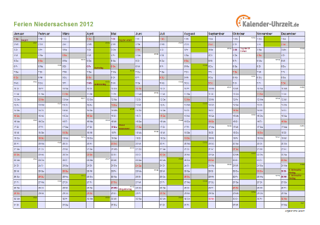 Ferienkalender 2012 für Niedersachsen - A4 quer-einseitig