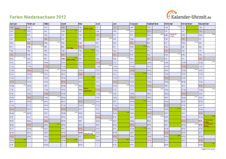 Ferien 2012 Niedersachsen im Kalender - A4 quer-einseitig Ferienkalender 2012 für Niedersachsen - A4 quer-einseitig