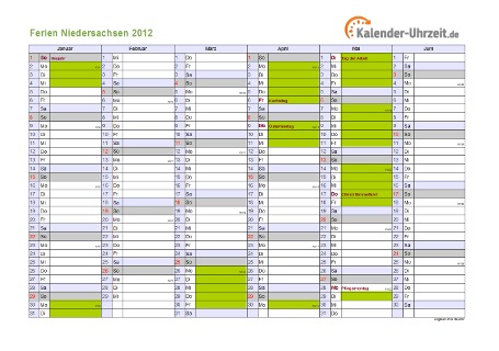 Ferienkalender 2012 für Niedersachsen - A4 quer-zweiseitig