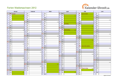 Ferien 2012 Niedersachsen im Kalender - A4 quer-zweiseitig Ferienkalender 2012 für Niedersachsen - A4 quer-zweiseitig