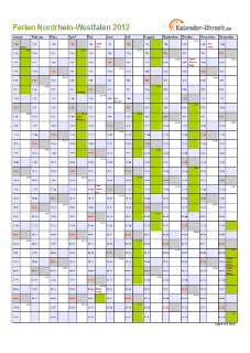 Ferienkalender 2012 für Nordrhein-Westfalen - A4 hoch-einseitig