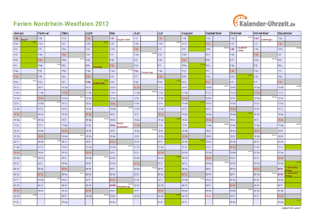 Ferienkalender 2012 für Nordrhein-Westfalen - A4 quer-einseitig