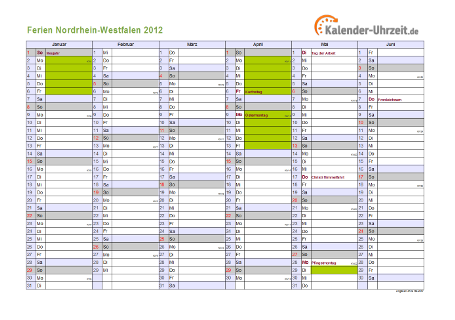 Ferienkalender 2012 für Nordrhein-Westfalen - A4 quer-zweiseitig