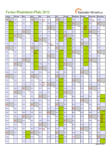 Ferien 2012 Rheinland-Pfalz im Kalender - A4 hoch-einseitig Ferienkalender 2012 für Rheinland-Pfalz - A4 hoch-einseitig