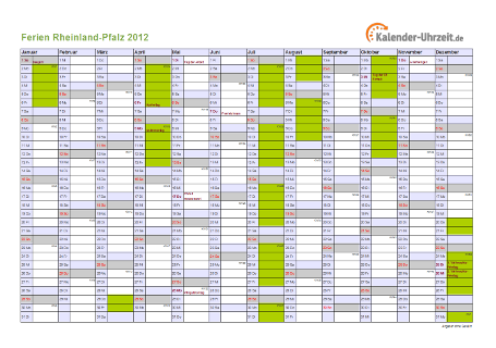 Ferienkalender 2012 für Rheinland-Pfalz - A4 quer-einseitig