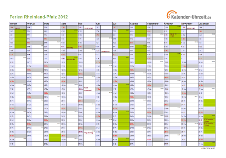 Ferien 2012 Rheinland-Pfalz im Kalender - A4 quer-einseitig Ferienkalender 2012 für Rheinland-Pfalz - A4 quer-einseitig