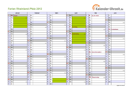 Ferienkalender 2012 für Rheinland-Pfalz - A4 quer-zweiseitig
