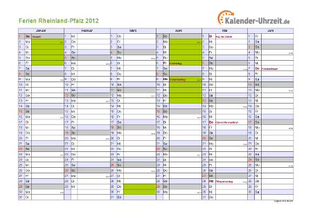 Ferien 2012 Rheinland-Pfalz im Kalender - A4 quer-zweiseitig Ferienkalender 2012 für Rheinland-Pfalz - A4 quer-zweiseitig