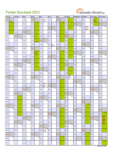 Ferienkalender 2012 für Saarland - A4 hoch-einseitig