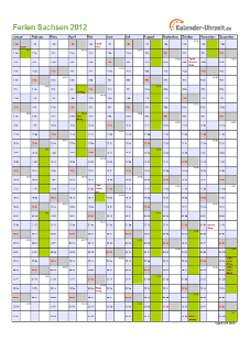 Ferienkalender 2012 für Sachsen - A4 hoch-einseitig