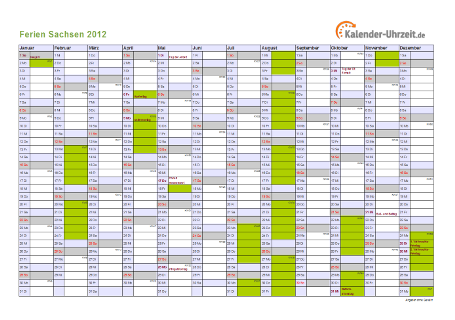 Ferienkalender 2012 für Sachsen - A4 quer-einseitig