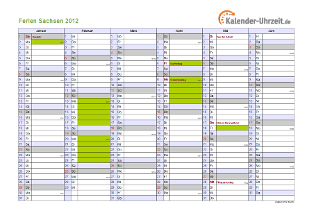 Ferienkalender 2012 für Sachsen - A4 quer-zweiseitig