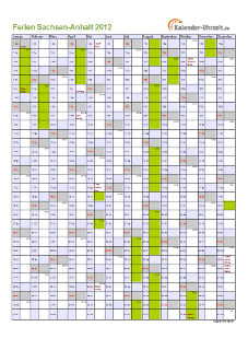 Ferien 2012 Sachsen-Anhalt im Kalender - A4 hoch-einseitig Ferienkalender 2012 für Sachsen-Anhalt - A4 hoch-einseitig