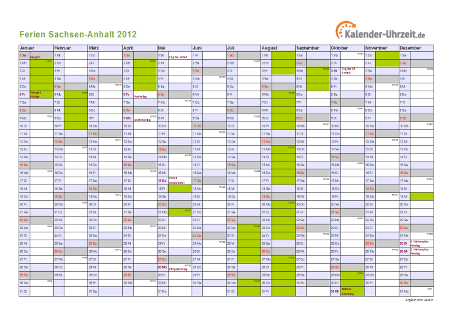 Ferien 2012 Sachsen-Anhalt im Kalender - A4 quer-einseitig Ferienkalender 2012 für Sachsen-Anhalt - A4 quer-einseitig